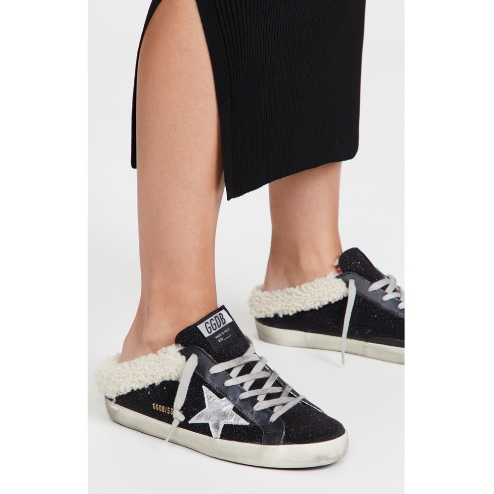 Golden Goose Superstar Sabot Sneaker Shearling Lined Black Silver Beige size 36